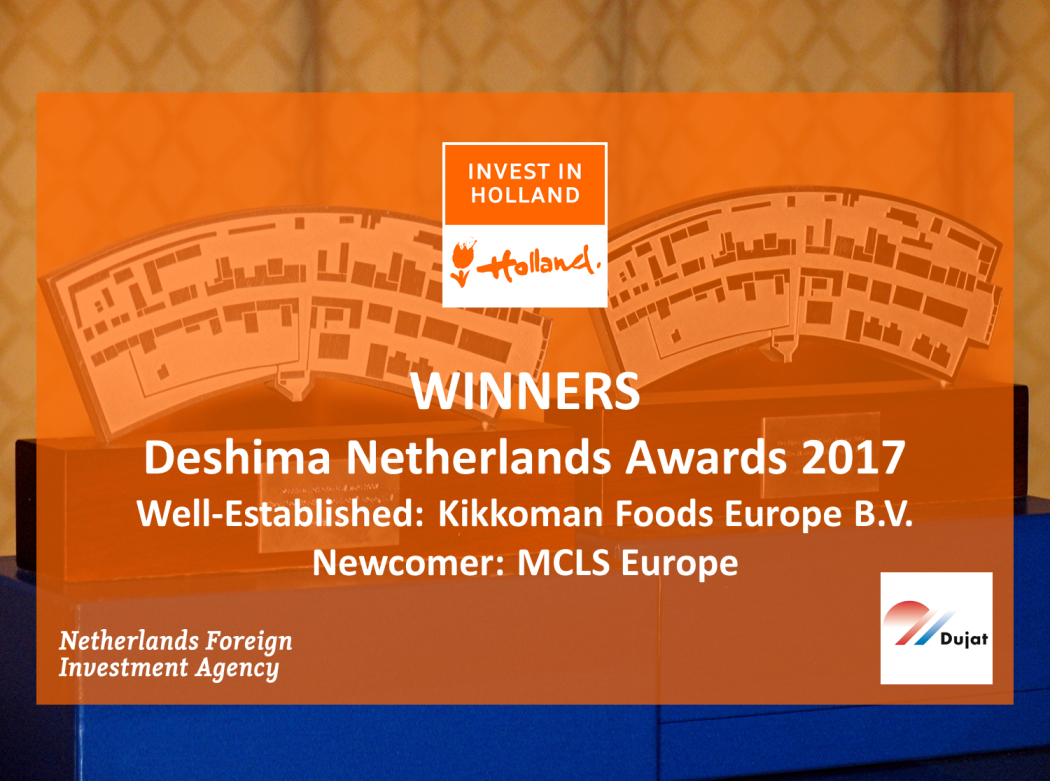 During the DUJAT December Dinner, Deshima Netherlands Awards 2017 were presented to Kikkoman Foods Europe (well-established) and MCLS Europe (newcomer).