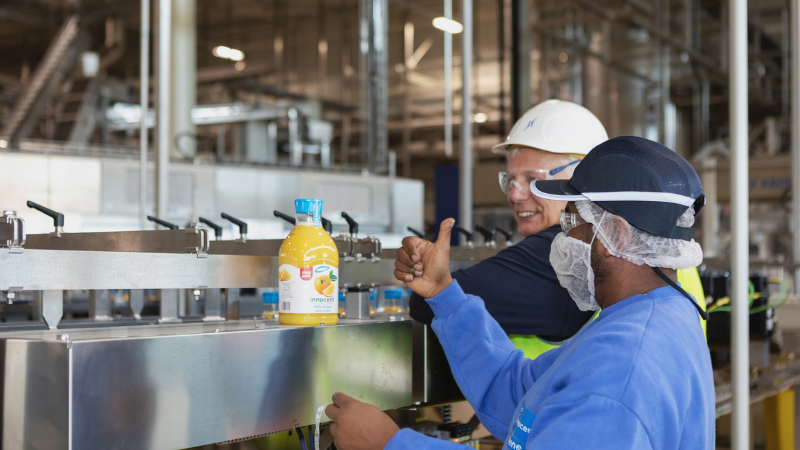 At innocent's most sustainable factory the blender the first bottle of juice is produced