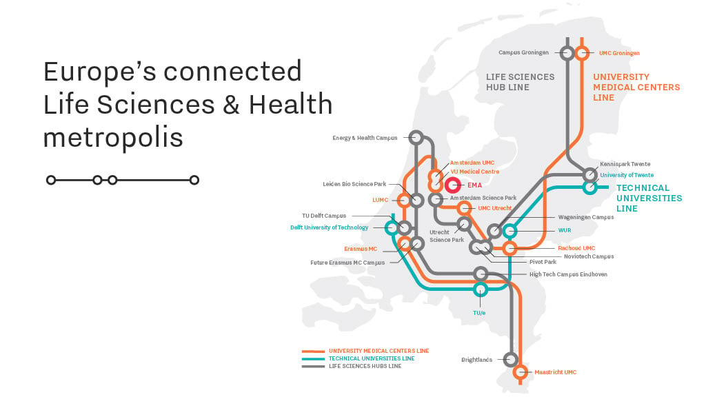 Map showing Europe's connected Life Sciences & Health Metropolis in the Netherlands