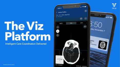 Viz.ai app on iPhone in front of a blue background.
