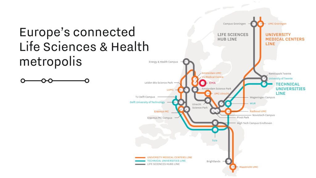 Map of the Netherlands highlighting the life sciences and health ecosystem.