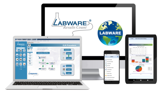 A laptop, desktop screen, mobile phone and tablet showing information on LabWare.