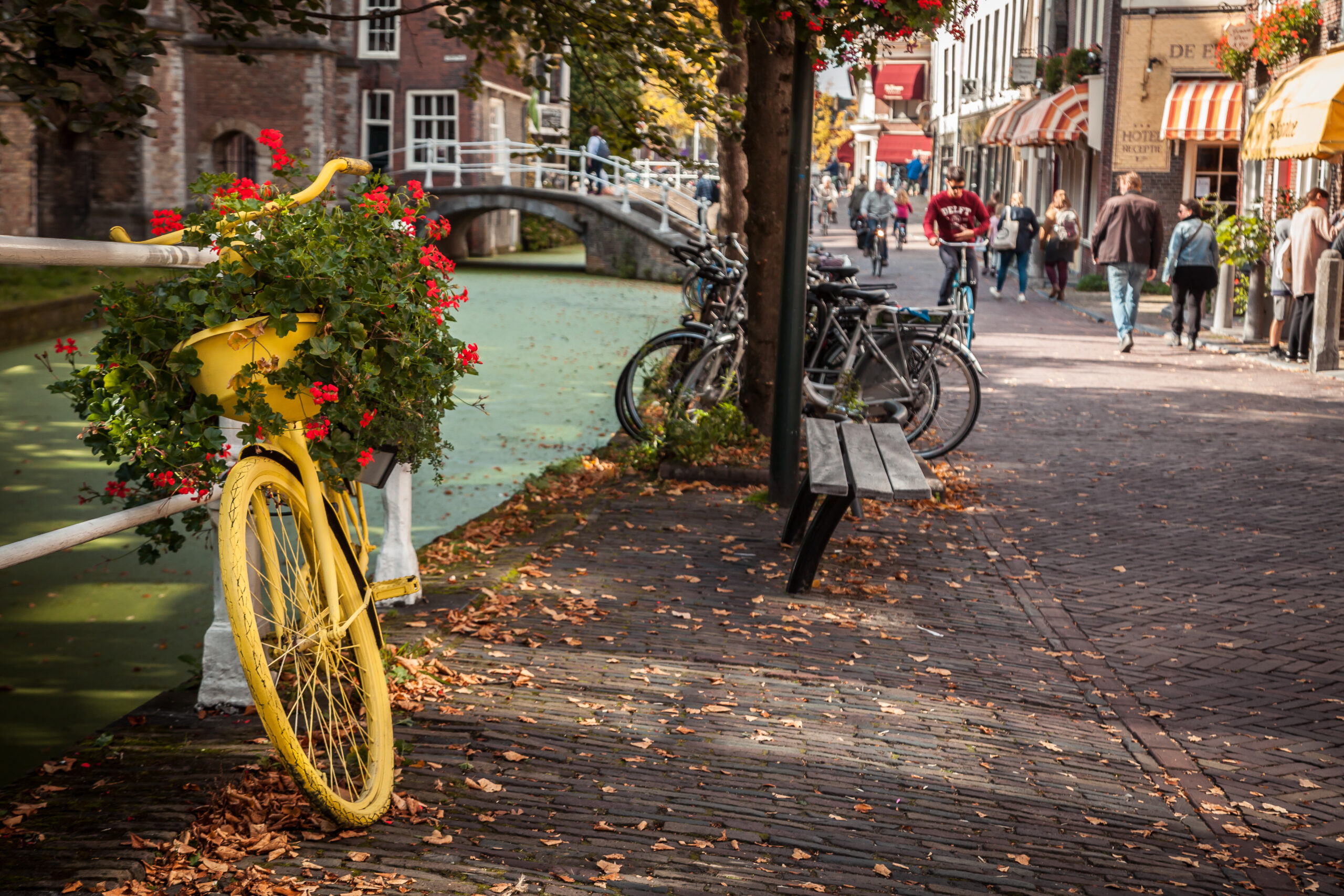 A cobble stone street in the Dutch city of Delft with a yellow bike covered in flowers, people ride bikes in the background—Invest in Holland