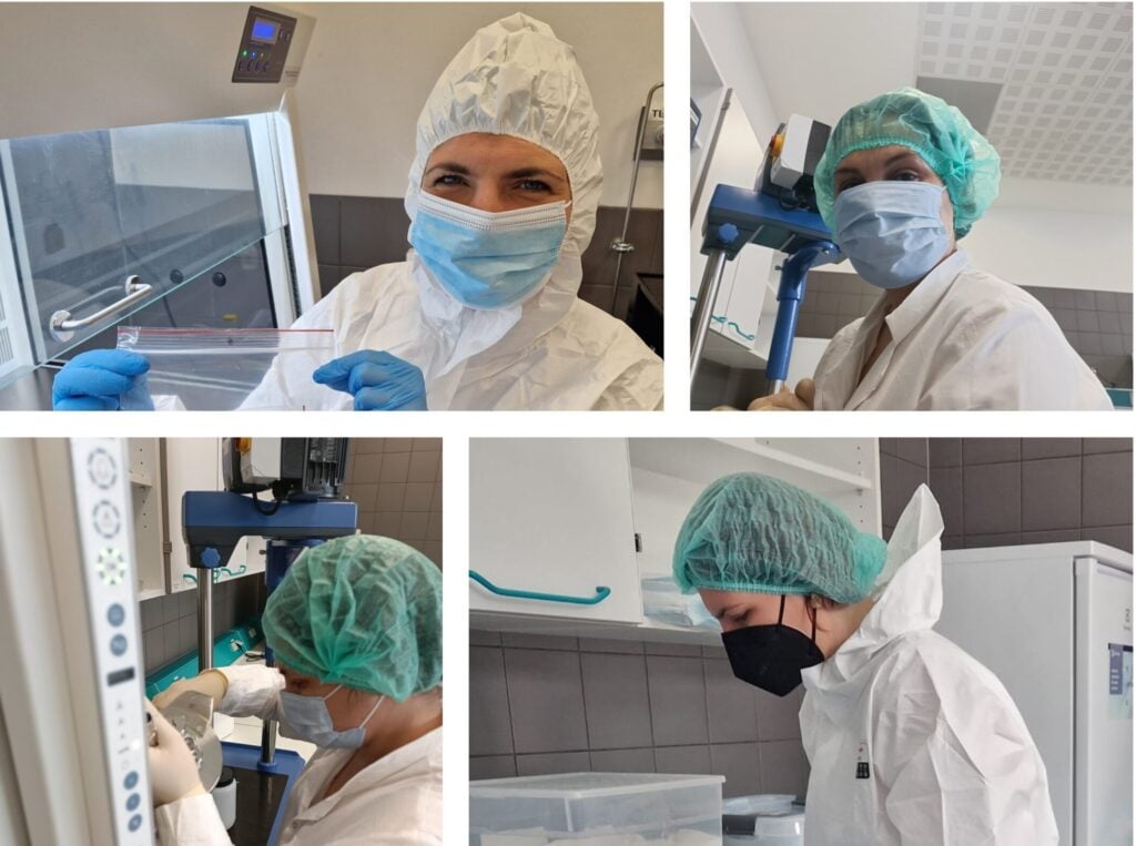 A collage showing four medical workers in a lab 