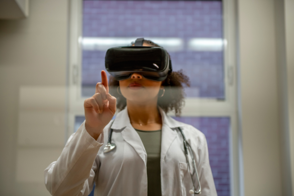 Doctor in white coat wears an augmented/virtual reality headset. Invest in Holland. 